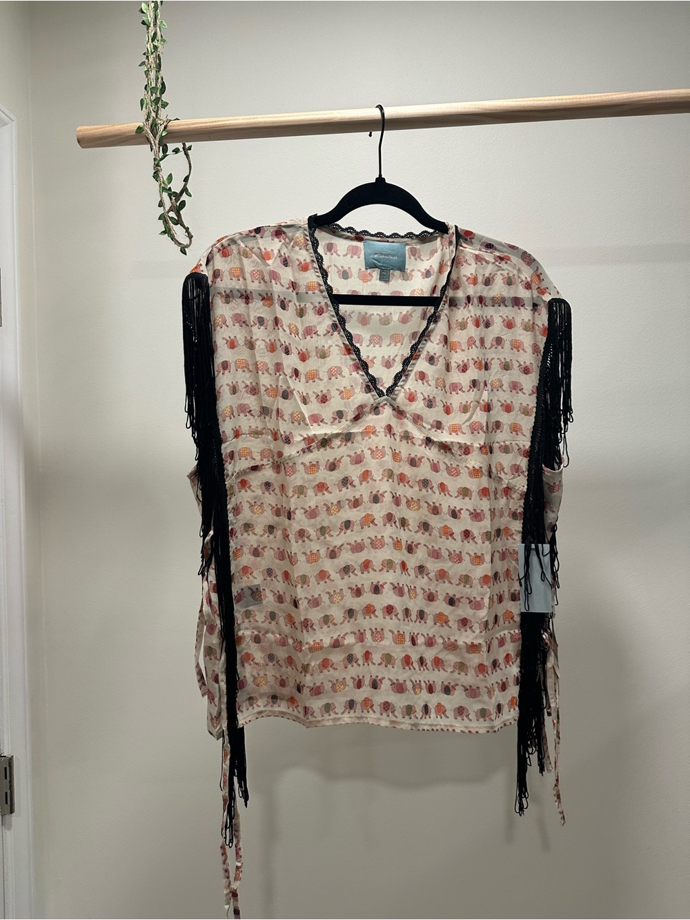 Skies Are Blue Pink and Cream Elephant-Print V-Neck Blouse with Black Fringe